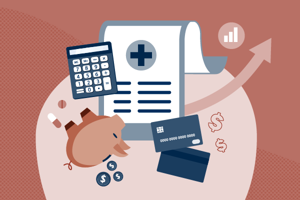 healthcare bill, piggy bank, credit card, calculator