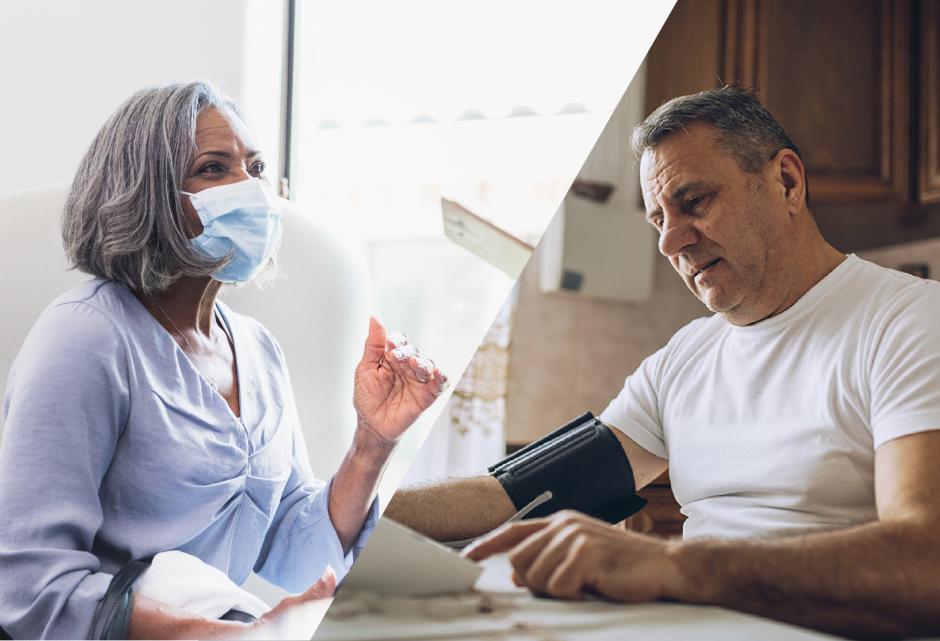 a woman in mask at doctors office, man checking blood pressure at home